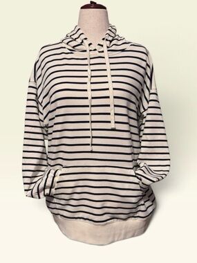 Women's High-End Striped Hooded Pullover Sweatshirt - Navy & Cream NWT